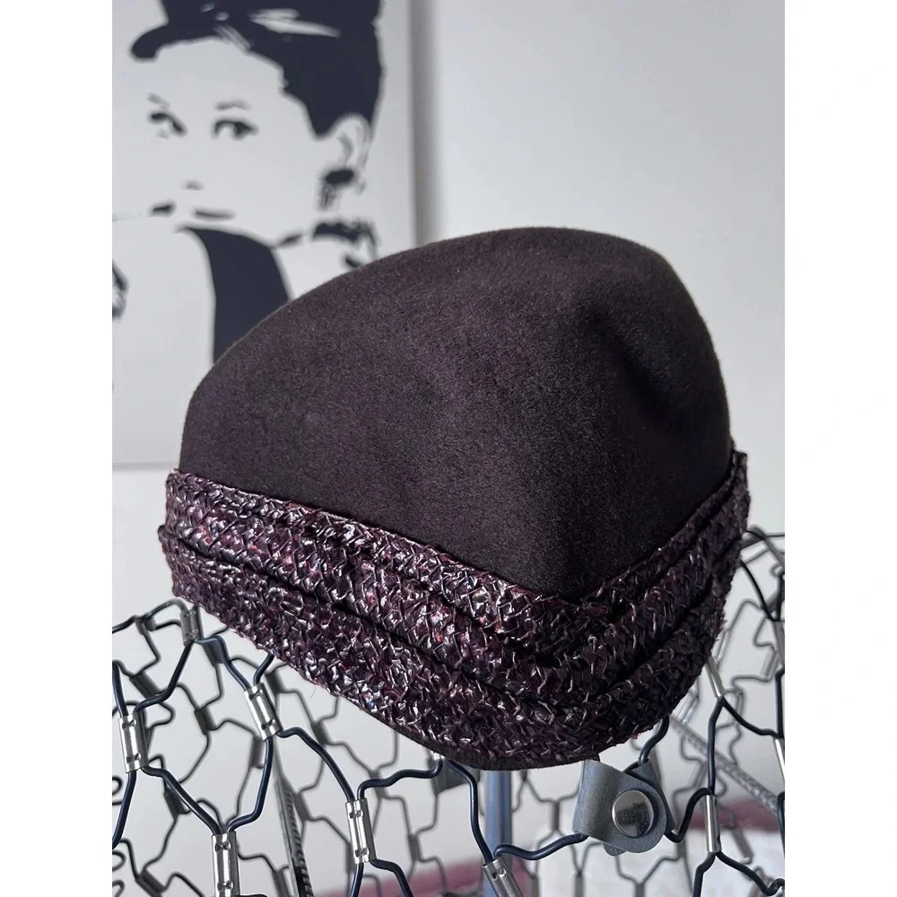 Vintage Brown Felt Pillbox‎ Hat Woven Straw Trim Bow Detail Retro Church Derby